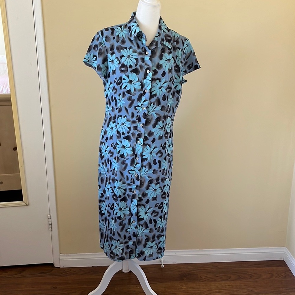 Blue floral midi dress.
